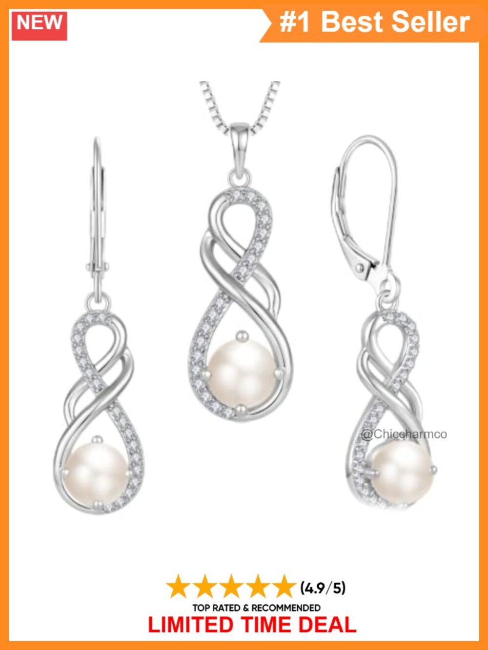 S925 Sterling Silver Infinity Pearl Necklace Earrings Jewelry Set for Women